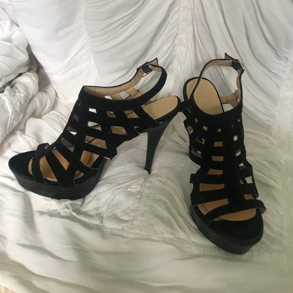 Wet Seal Black Platform Open Toe Sling Back Heels - Picture 4 of 7